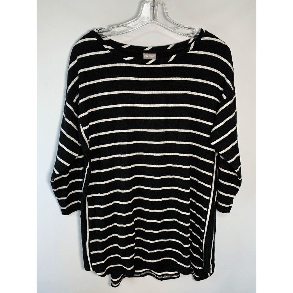 Chico's Women's Striped 3/4 Dolman Sleeve Round Neck Pullover T-Shirt 8/10 P